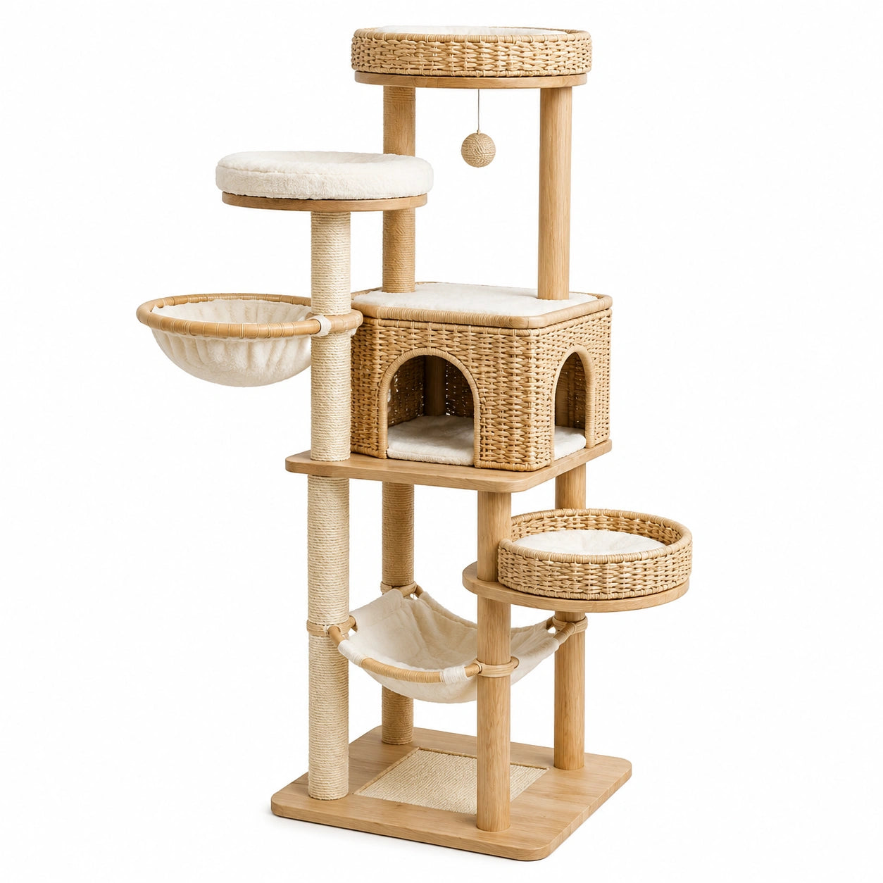Albero Tiragraffi in Legno e Rattan con Cuscini in Cotone