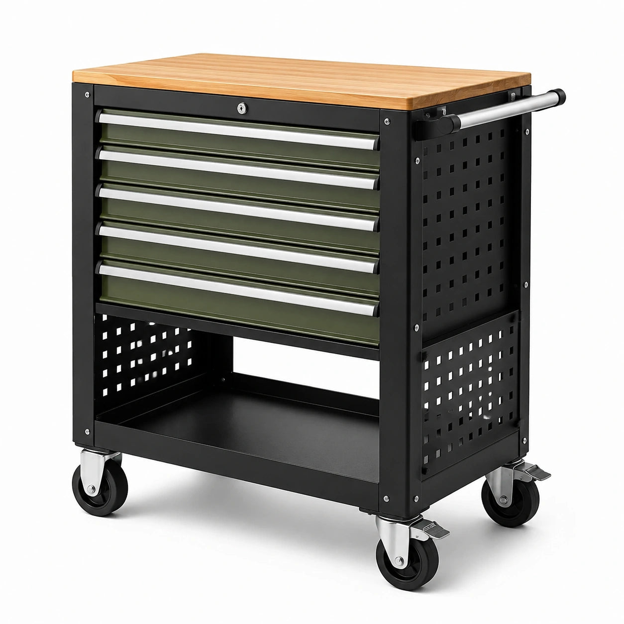 Carrello portautensili metallo con 5 cassetti verde e piano legno