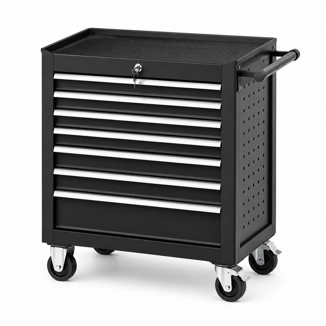 Carrello portautensili in acciaio nero con 7 cassetti e ruote