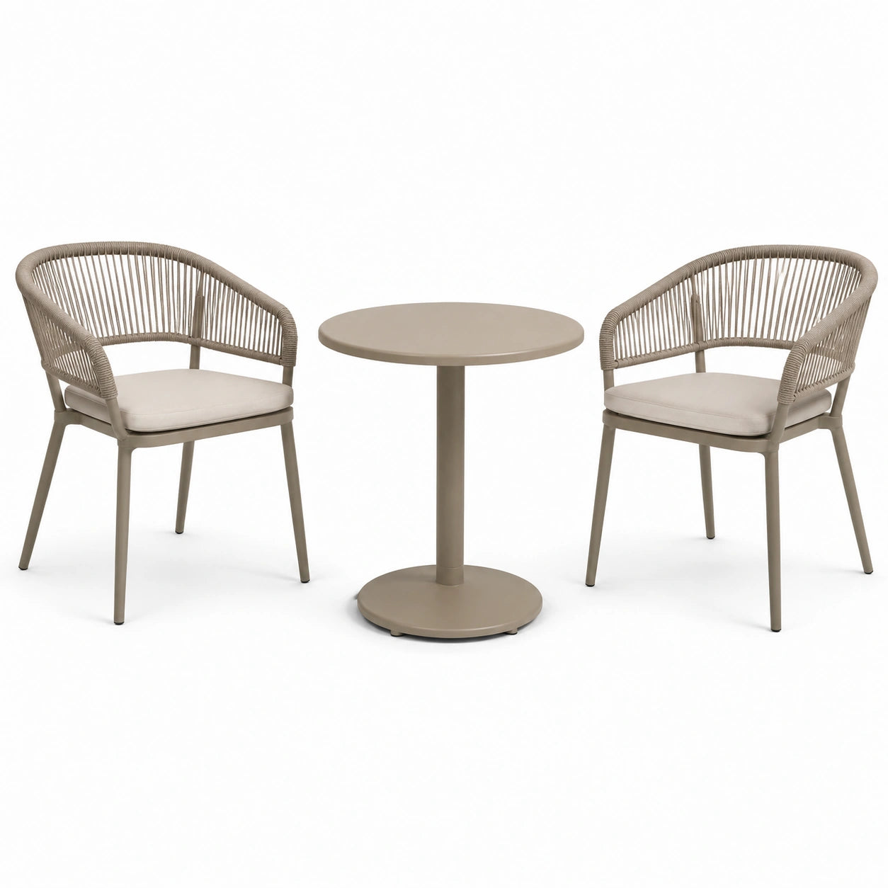 Set da bistrot in metallo e corda con tavolo rotondo beige