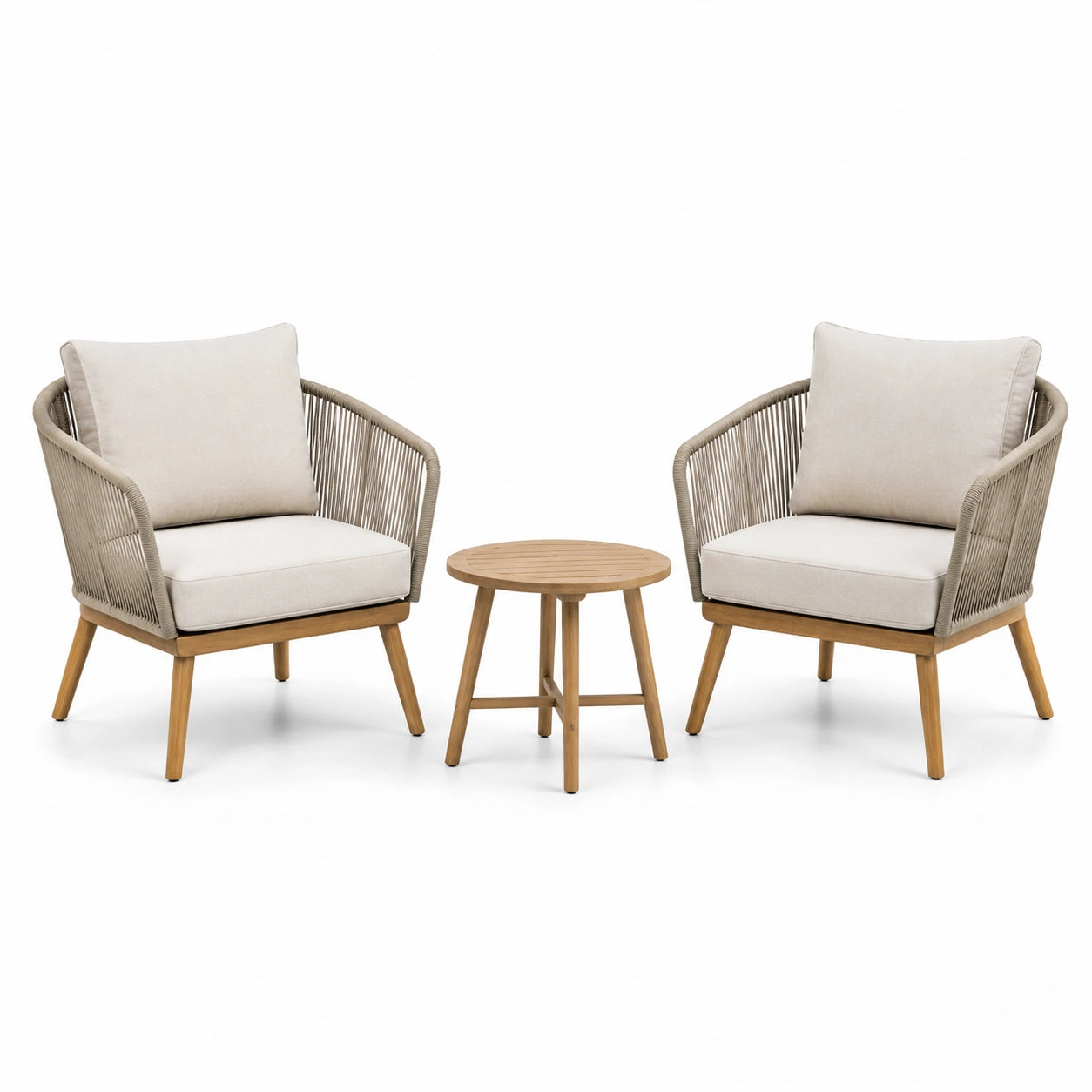 Set giardino in legno e corda con cuscini in poliestere beige