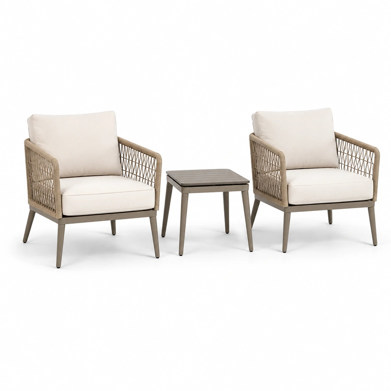 Set da giardino in metallo e corda con cuscini beige