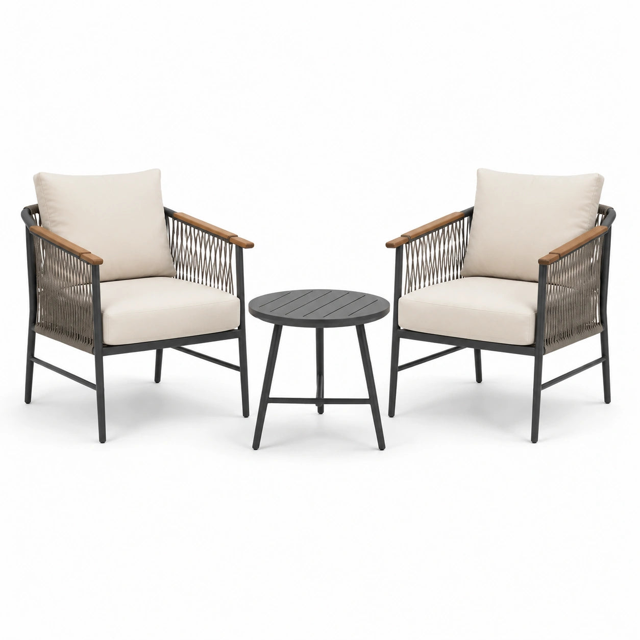 Set da giardino in metallo con sedie intrecciate e tavolo rotondo
